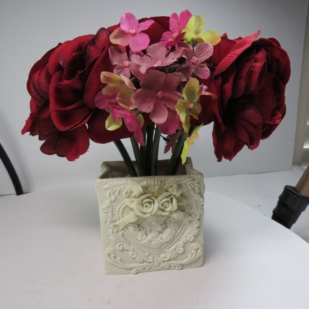 Bisque Porcelain cream vase gift bag shape w 3D roses & embossing w Silk Roses